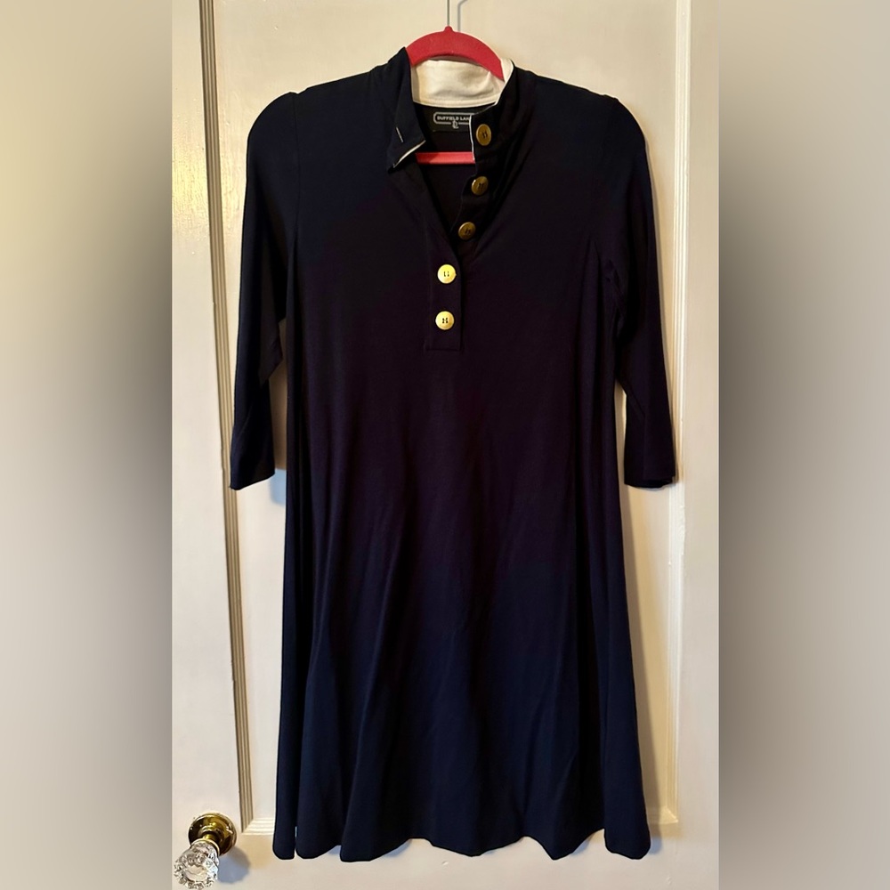 Duffield Lane Midnight Blue Dress with Brass Accents